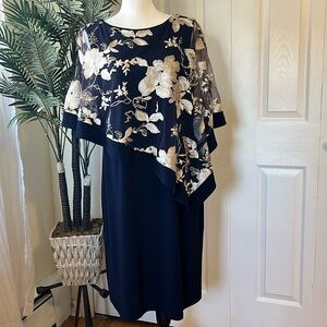 R&M Richards dress, size 16, Short thread work poncho dress, navy and champagne